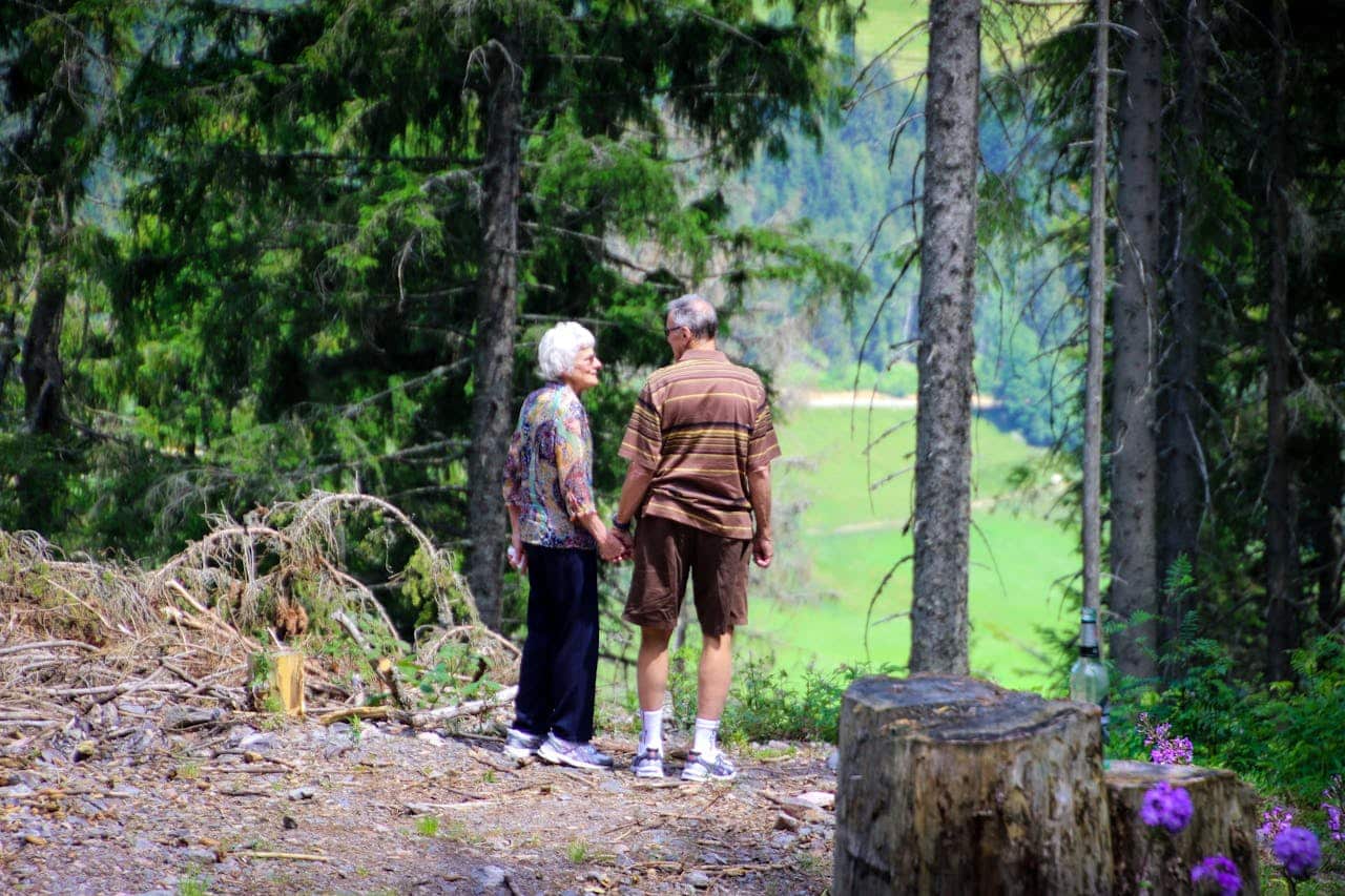 two older people standing in forest holding hands