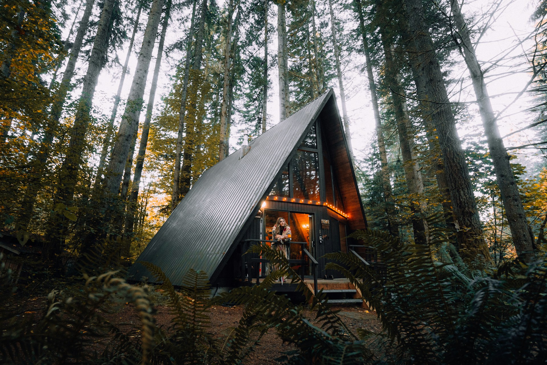 brown wooden a-frame cottage in the woods