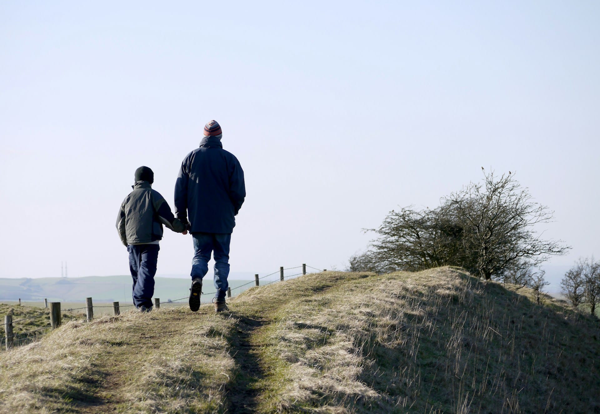 A man and his son walk together holding hands and following a trail through a field edged with field fencing toward a small scrub of bushes under a faded blue sky, representing high-conflict parenting disputes.