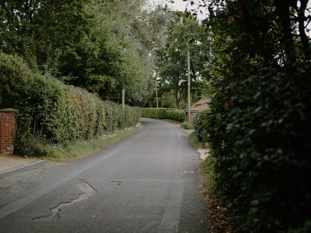 A laneway lined with hedges and trees, representing easement and neighbour driveway disputes in BC