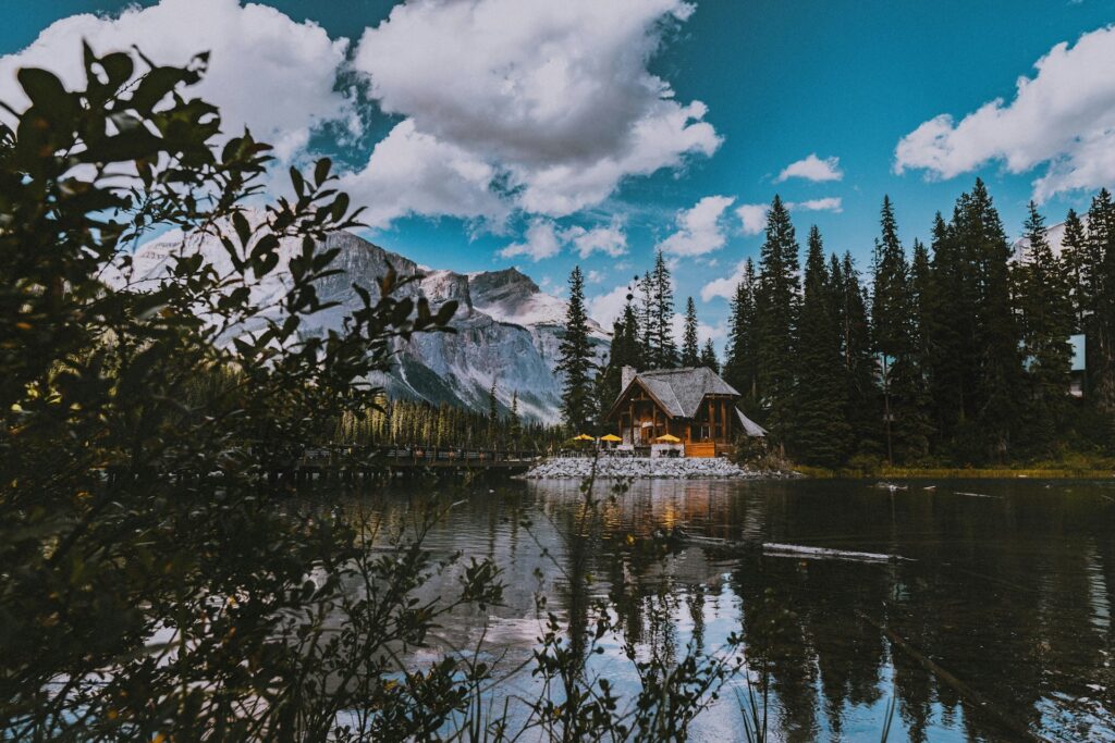 A remote lakefront cabin on an island in British Columbia, representing easement modifications between neighbouring recreational properties