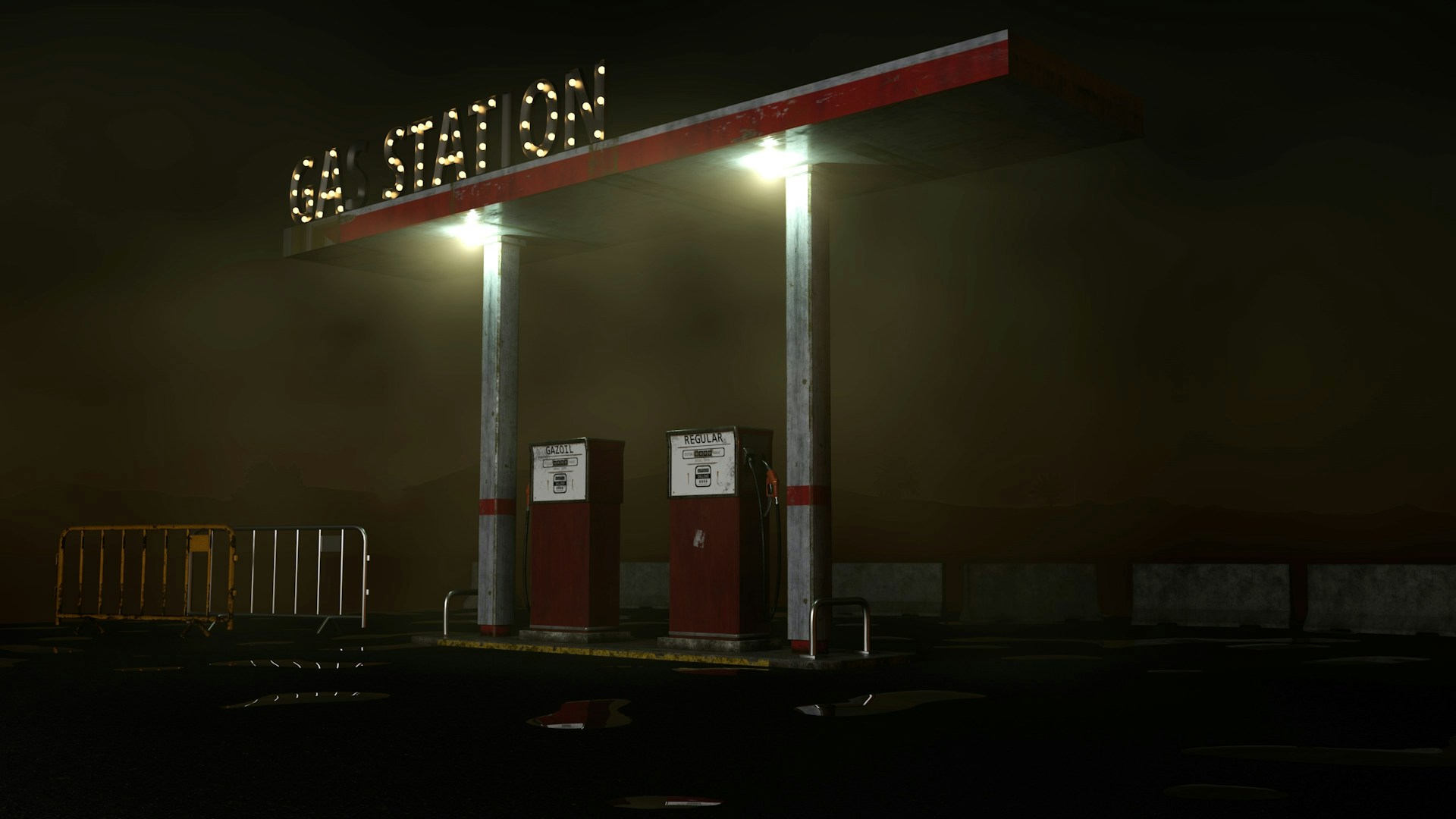 A gas bar at night with two lightsshining on the red and white pumps, and the lights for the S and I on the overhead Gas Station sign are burned out, representiing failed commercial real estate deals.
