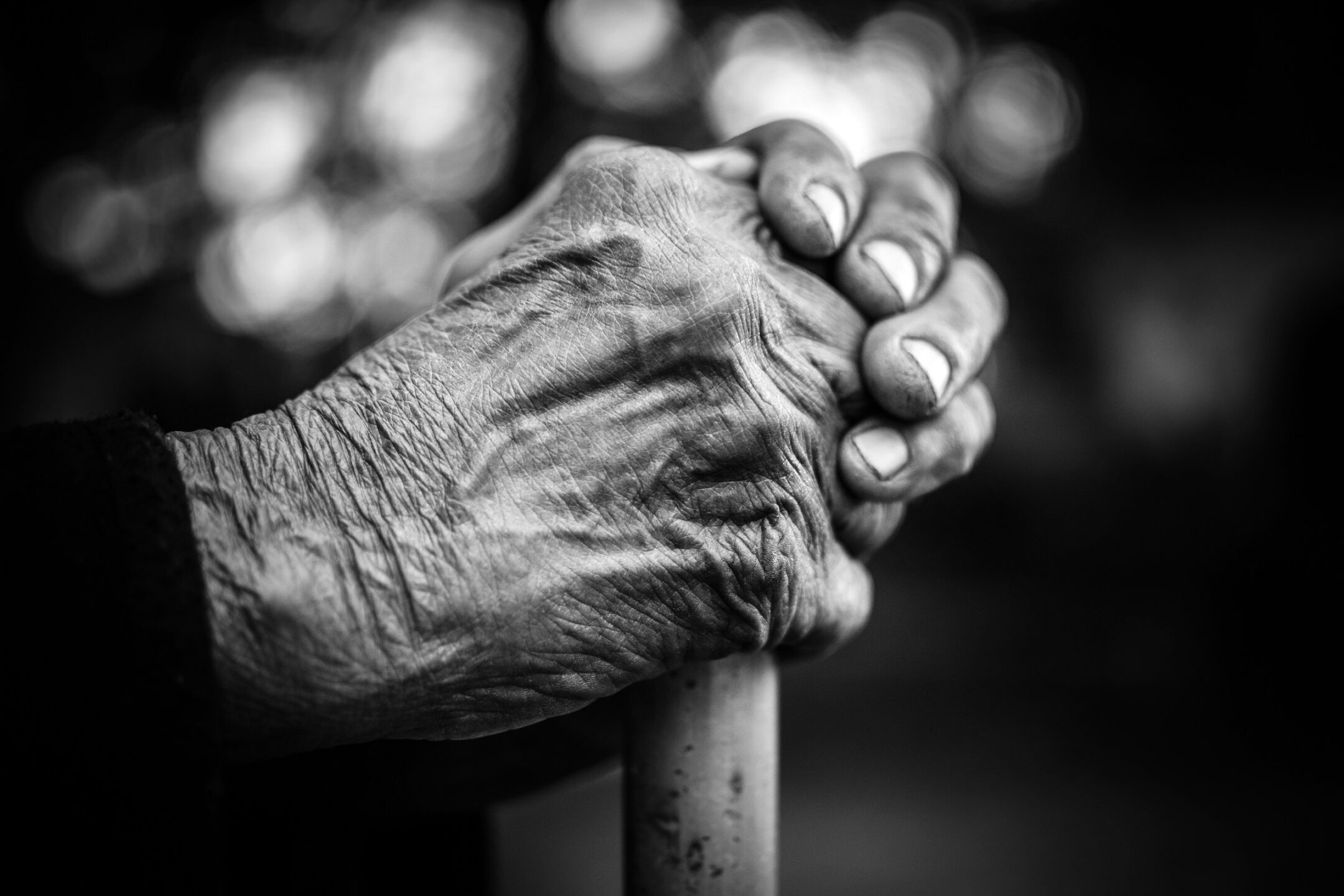 An elderly person's hands holding a cane, representing elder law and the elder abuse litigation services at Meridian Law Group in Vancouver