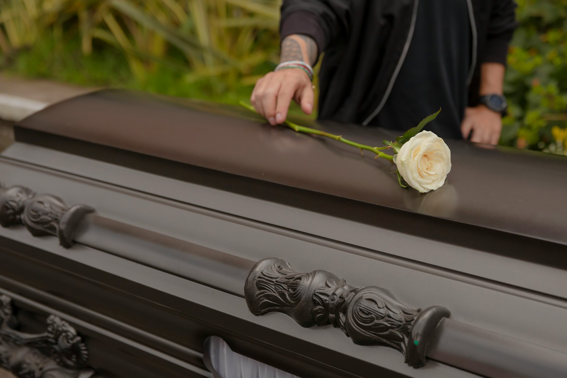 A person with tattoos on their arm leaves a white rose on a dark wood casket, representing disinheritance and family estrangement.