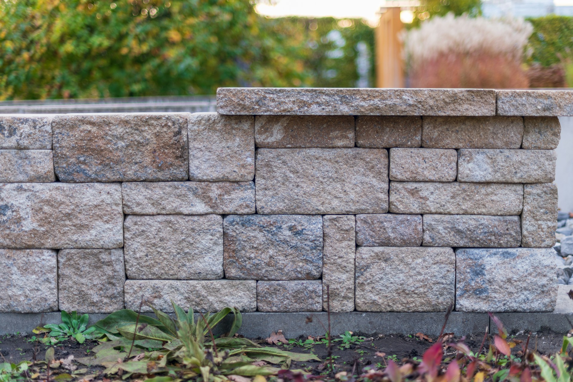 A stone retaining wall with green and brown shrubs blurred in the background, representing retaining wall disputes in BC.