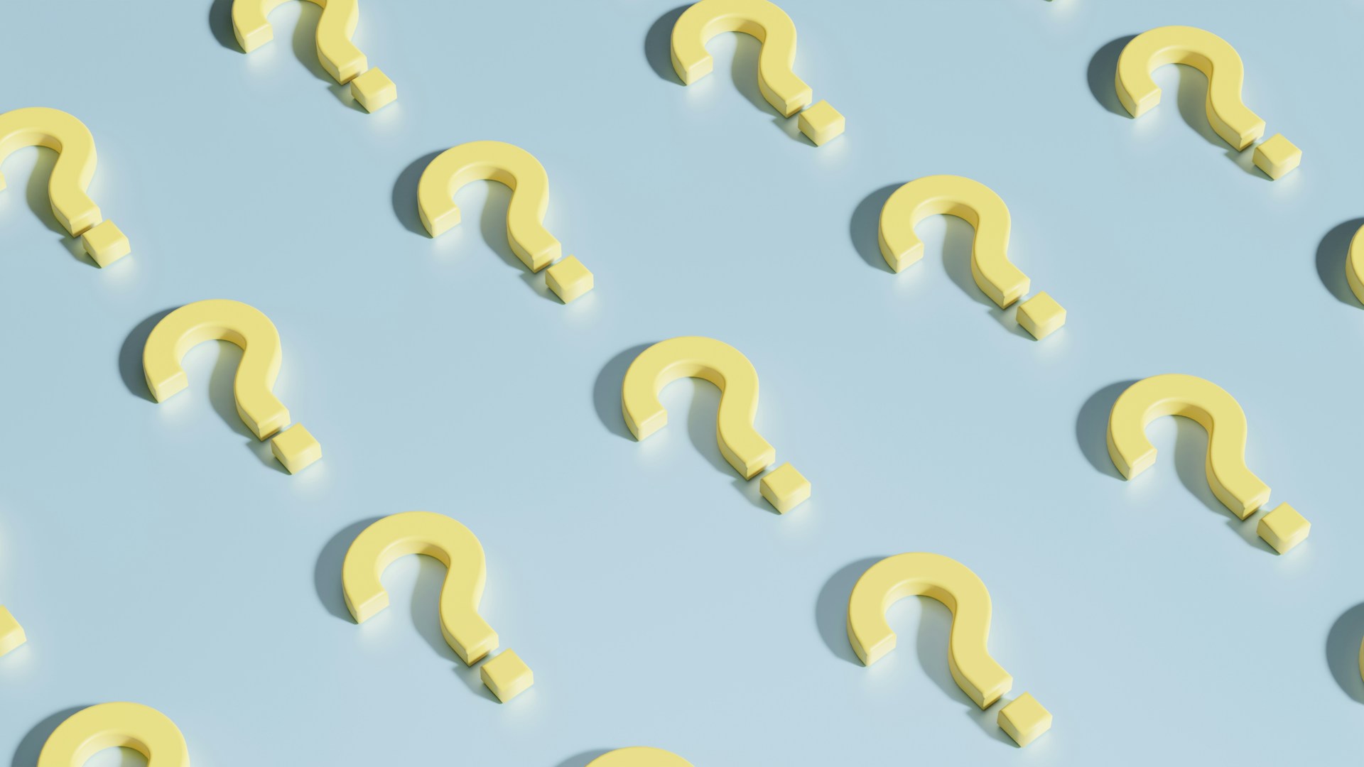 A group of yellow question marks on a light blue background, representing 9 questions to ask before a family law dispute goes to court.